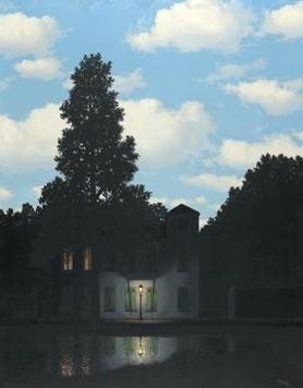 Quiet evening view of a small building and trees reflected in still water, illuminated by soft artificial light beneath a pale, clouded sky.