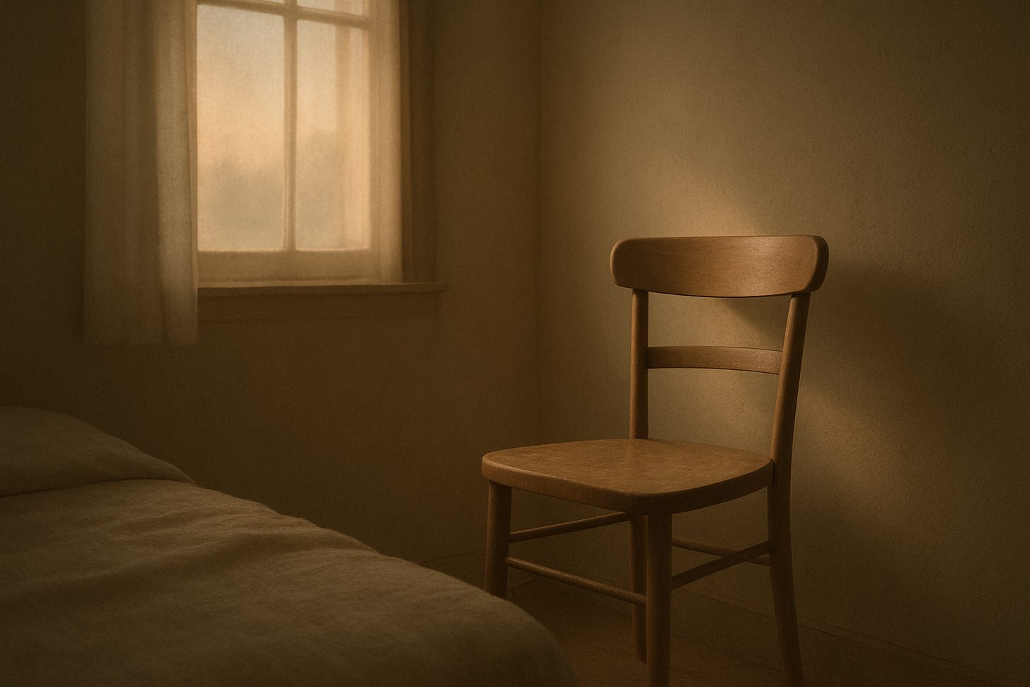 A softly lit bedroom with warm, muted earth tones. A simple wooden chair sits empty beside a neatly made bed, illuminated by gentle natural light coming through a blurred window with sheer curtains. The scene is calm, minimal, and contemplative, suggesting quiet vigil and reflection.