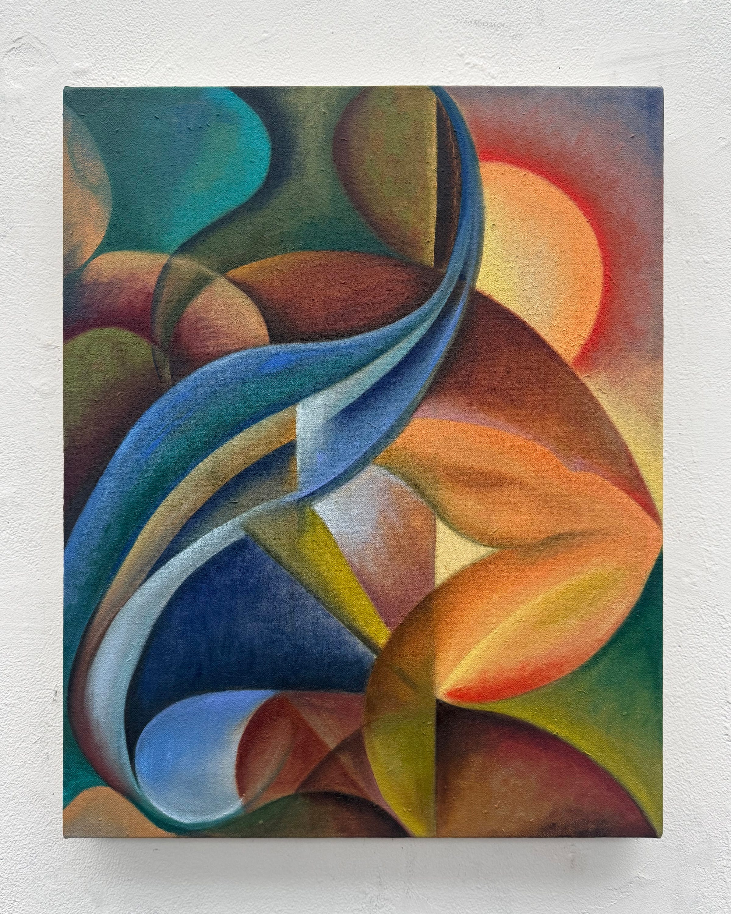 Alex Maceda’s painting falling water, a small abstract work with layered curved forms in teal, blue, orange, green, and yellow. Alex Maceda’s painting falling water, a small abstract work with layered curved forms in teal, blue, orange, green, and yellow.