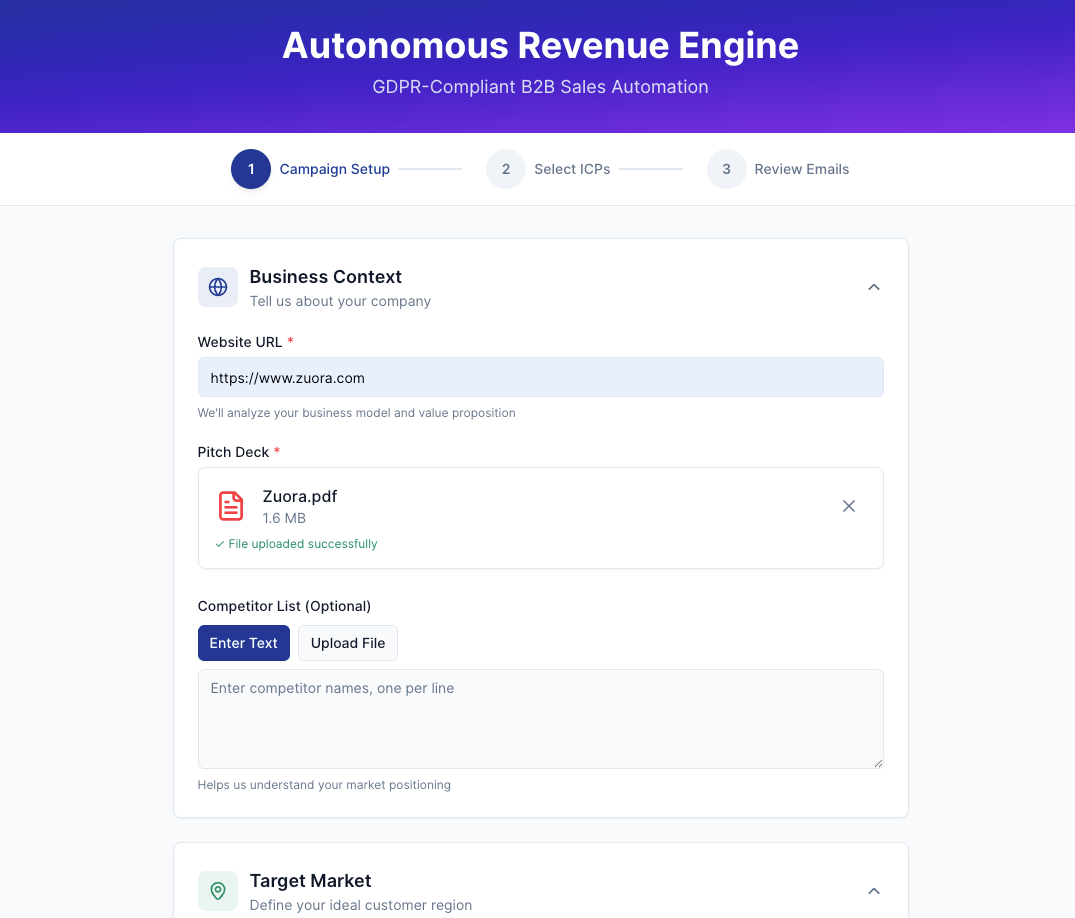 Hunter-spark Autonomous Revenue Engine campaign setup screen showing website URL input and pitch deck PDF upload for AI-powered B2B ICP qualification Hunter-spark Autonomous Revenue Engine campaign setup screen showing website URL input and pitch deck PDF upload for AI-powered B2B ICP qualification