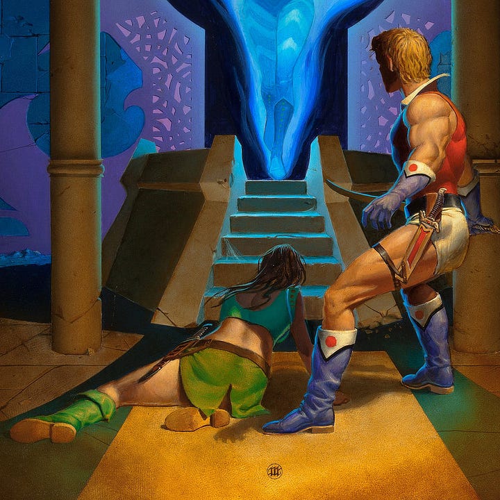 LEFT: Figure detail from THE SWORD OF ALDONES featuring a woman enveloped in blue fire floating above a dais. Her eyes are closed as she holds out a sword with the flat of the blade resting in her palm. Vibrant flame contrasts the black keyhole-shaped doorway behind her. RIGHT: Foreground detail from THE SWORD OF ALDONES featuring a woman propped on weary arms as she rests on the patterned floor. A muscular swordsman is taken aback in his stance as he stands over her. His boots and gloves are purple with white cuffs—punctuated with a red dot. His shirt is sleeveless with a popped up collar. He holds a sword in his right hand and has a dagger sheathed on his opposite hip facing the viewer.