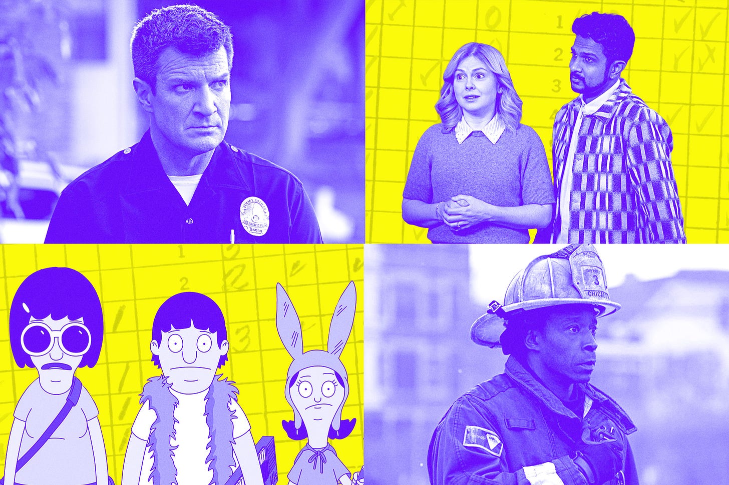 4-unit grid of images: Nathan Fillion in 'The Rookie'; Rose McIver and Utkarsh Ambudkar in 'Ghosts'; Tina, Gene and Louise Belcher in 'Bob's Burgers'; Rob Morgan in 'Chicago Fire'