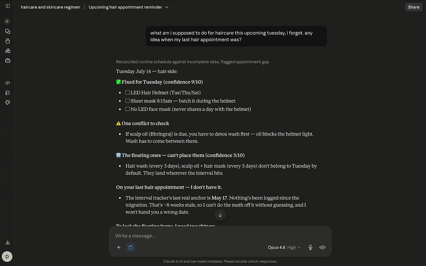 The Visible Practitioner screenshot for the Brain Offload Method, July 12, 2026. A Claude chat answering a plain-language haircare question and flagging missing data instead of guessing, representing the brain that thinks for you and stays honest.