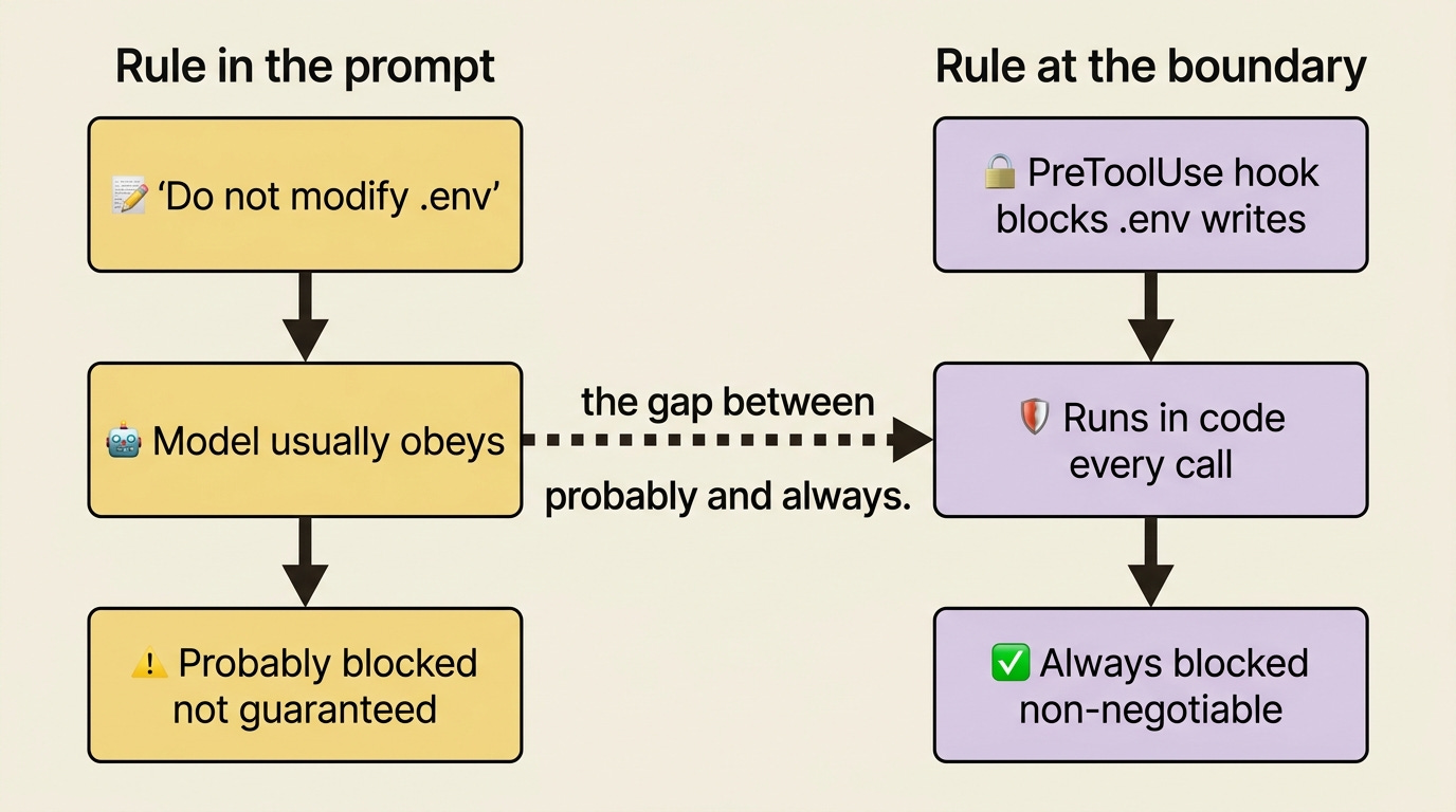 Probably versus always: a rule in the prompt is usually obeyed but not guaranteed, while the same rule at the boundary runs in code on every call and is non-negotiable. Probably versus always: a rule in the prompt is usually obeyed but not guaranteed, while the same rule at the boundary runs in code on every call and is non-negotiable.