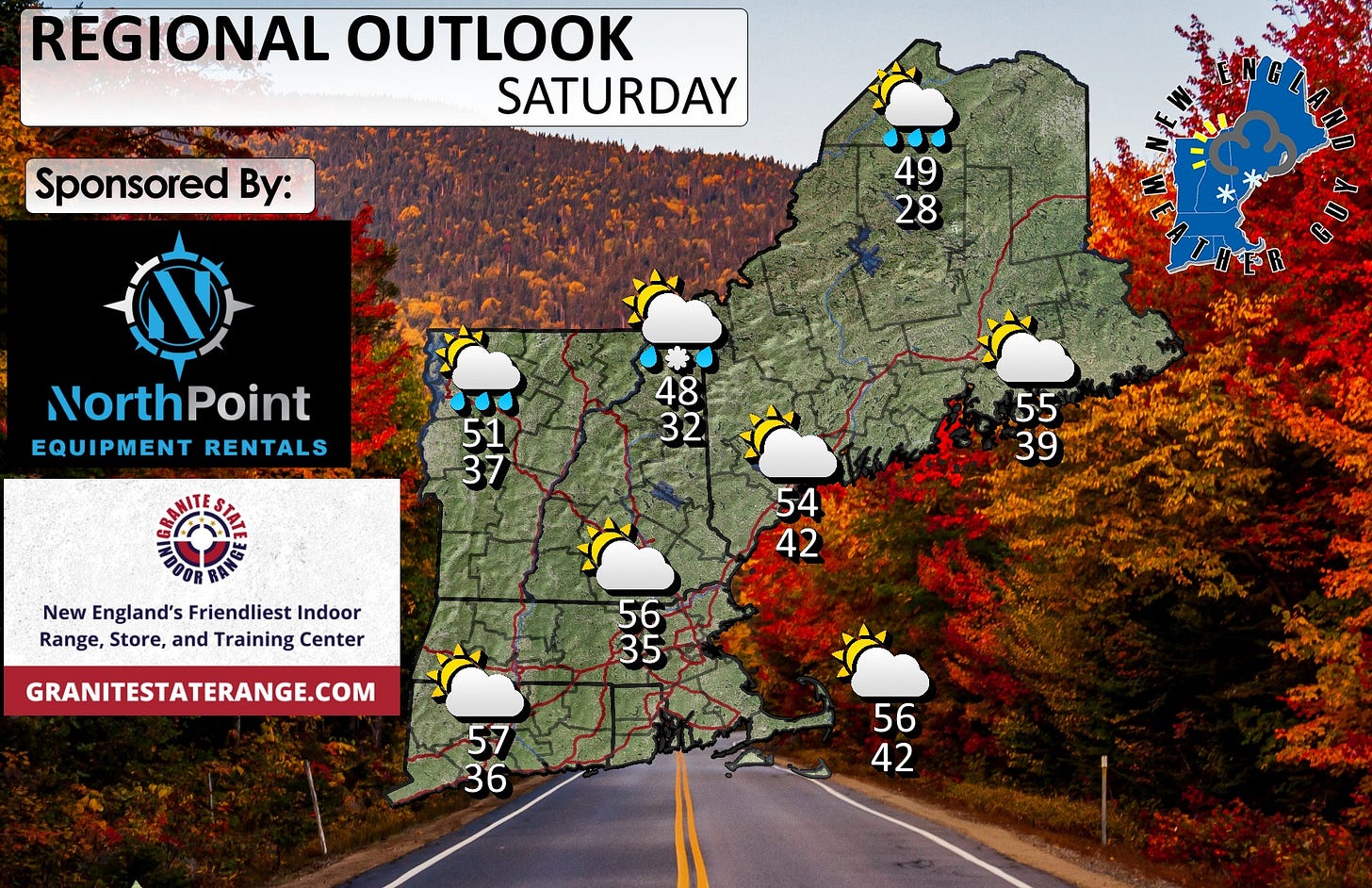 May be an image of map, road and text that says 'REGIONAL OUTLOOK SATURDAY Sponsored By: 49 28 NorthPoint EQUIPMENT RENTALS * 48 32 51 37 55 39 New England's Friendliest Indoor Range, Store, and Training Center 54 42 GRANITESTATERANGE.COM 56 35 57 36 56 42 จนีทท カブサスタペン'
