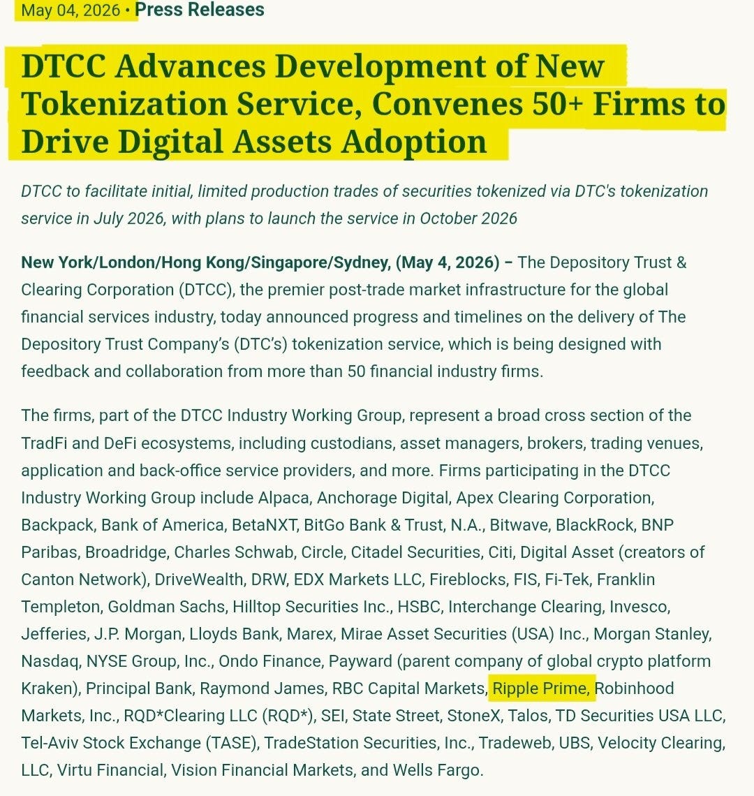 Probably Nothing.. That's $114 TRILLION waiting to come on chain through  DTCC, and #Ripple Prime just got the confirmation signal ✅️ Production  trades of real-world assets tokenized using DTC's tokenization service begin