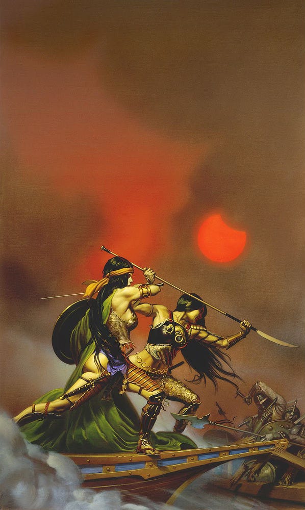 Balanced on the bow of a slender boat, two dark haired Amazon warriors stand poised to attack. The point of the bow has splintered the rails of another vessel. The armored men aboard lurch back with the impact as the Amazons surge forward. One grips a spear two-handed overhead, ready to stab downward. Holding a round shield for defense, the other draws back her sword arm ready to swing. Her long green cape drapes down over her leanly muscular body as she pivots. Billowing mist obscures all but the tip of their ship. The sky above is gray, clouds tinged with red by a bloody gibbous moon. Balanced on the bow of a slender boat, two dark haired Amazon warriors stand poised to attack. The point of the bow has splintered the rails of another vessel. The armored men aboard lurch back with the impact as the Amazons surge forward. One grips a spear two-handed overhead, ready to stab downward. Holding a round shield for defense, the other draws back her sword arm ready to swing. Her long green cape drapes down over her leanly muscular body as she pivots. Billowing mist obscures all but the tip of their ship. The sky above is gray, clouds tinged with red by a bloody gibbous moon.
