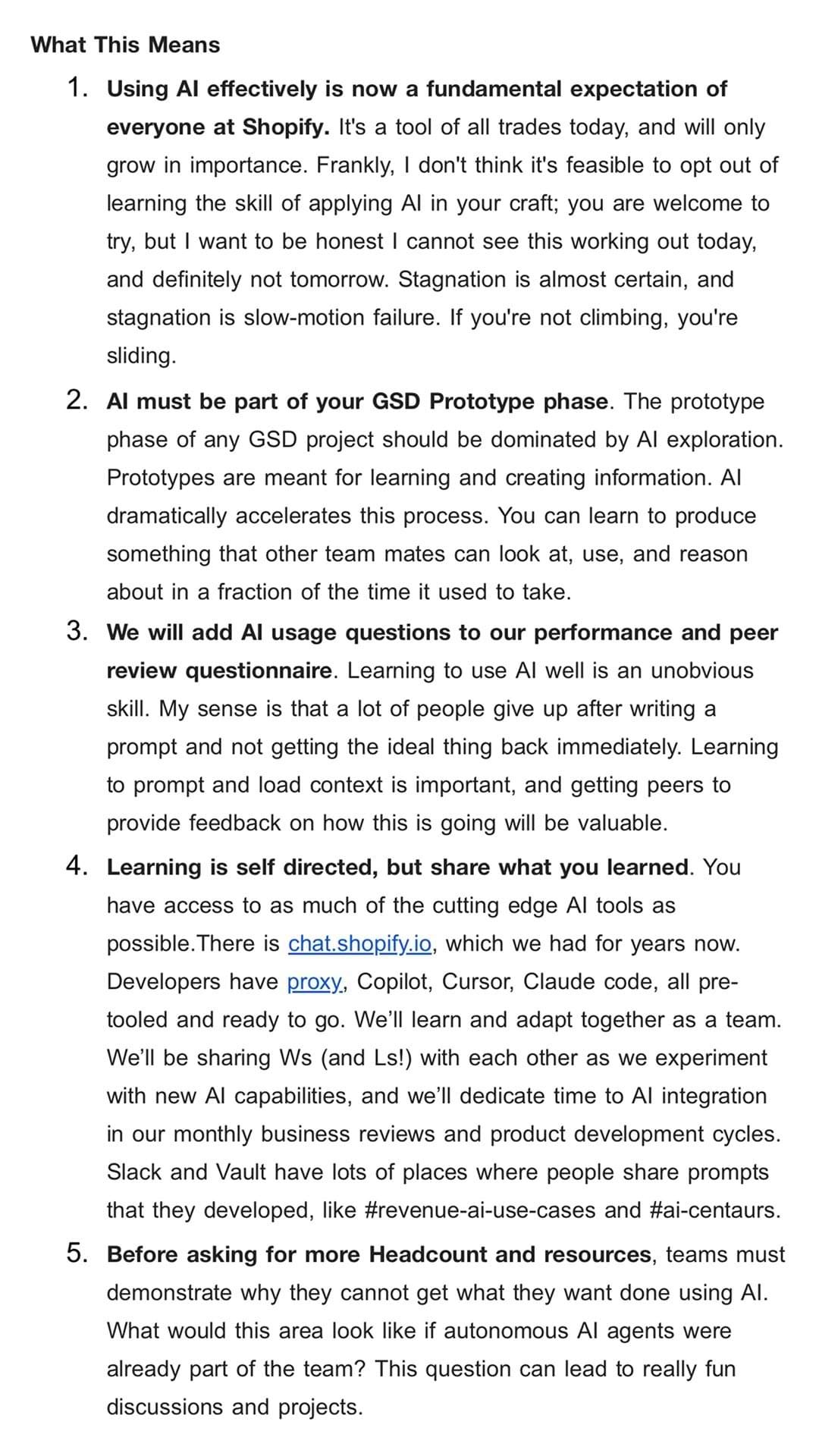 Screenshot of the first page of a leaked internal Shopify memo outlining new expectations for AI adoption. The document, attributed to CEO Tobi Lütke, states that using AI is now a fundamental expectation for all employees. It emphasizes the role of AI in Shopify’s prototype phase, performance reviews, peer feedback, and resource planning, encouraging employees to document and share AI learnings across teams.