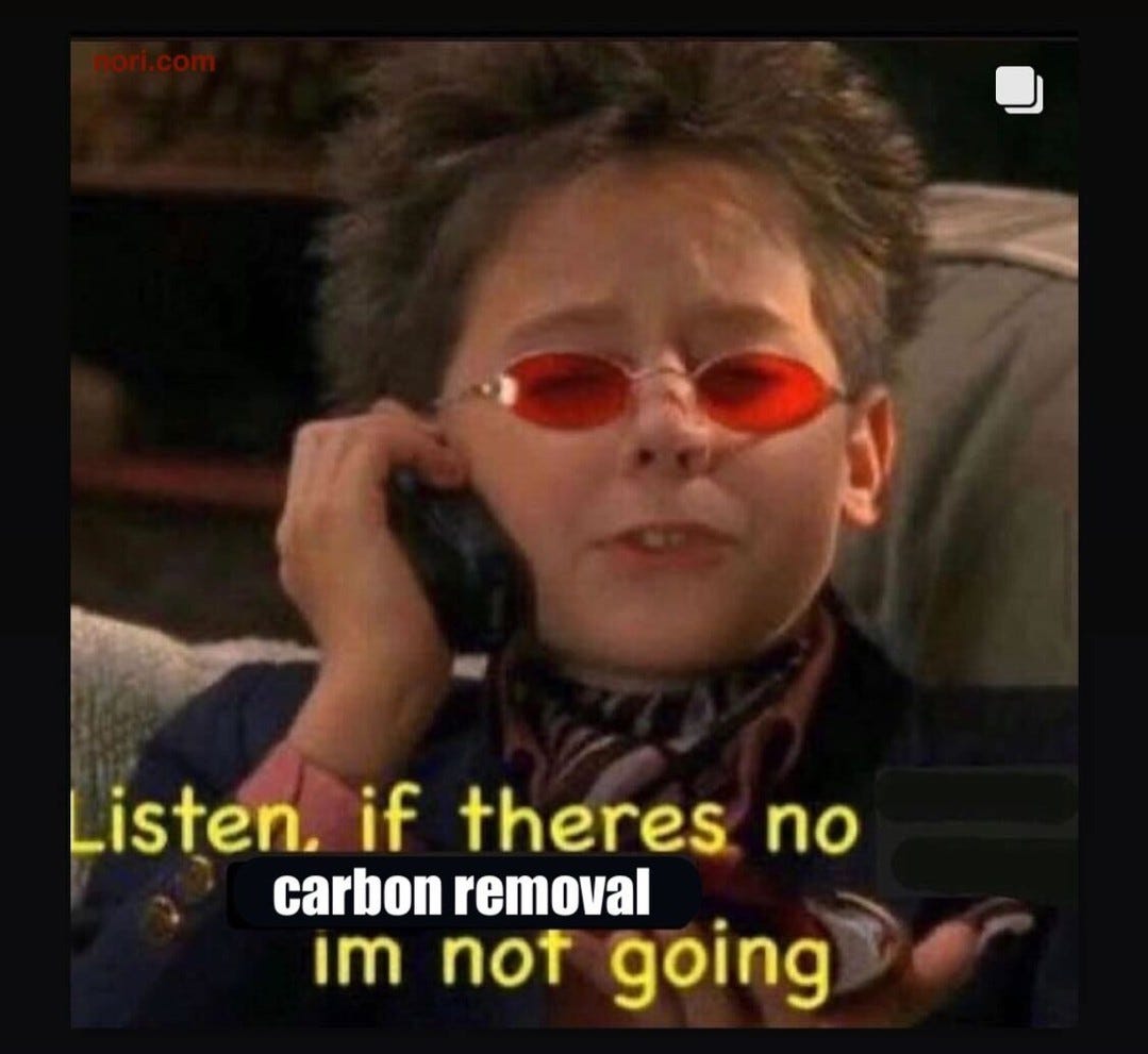 A boy in red-tinted sunglasses on a phone, captioned "Listen, if there's no carbon removal im not going".