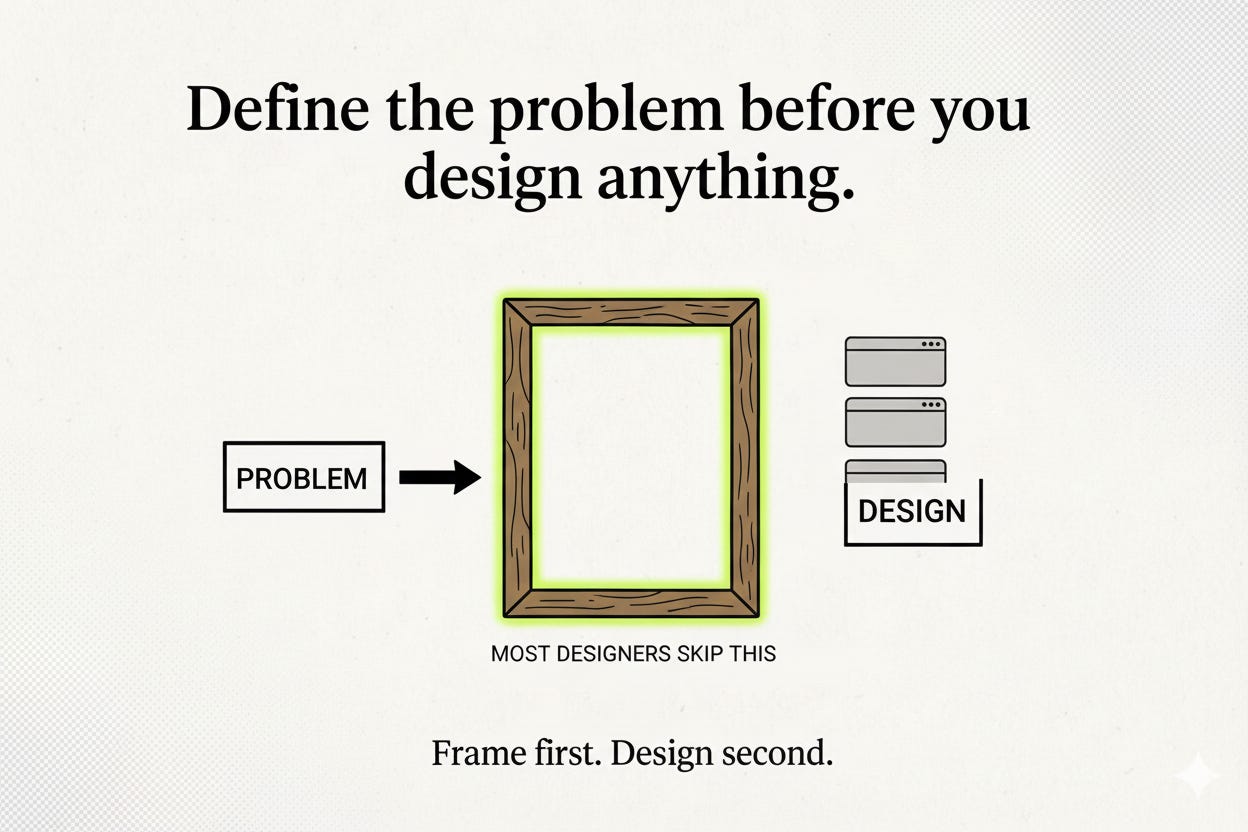 Editorial illustration: an empty picture frame in the center, with a “PROBLEM” box on the left and a stack of greyed-out wireframes on the right, labeled “Most designers skip this.”
