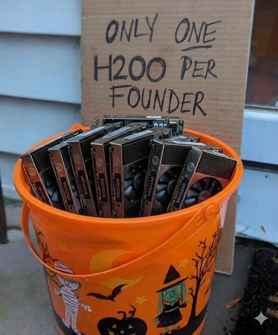 Orange Halloween-themed bucket with witch, pumpkin, and ghost decorations holds numerous boxed NVIDIA H200 graphics cards. Adjacent cardboard sign states ONLY ONE H200 PER FOUNDER. Setting appears outdoors near a window and plant.