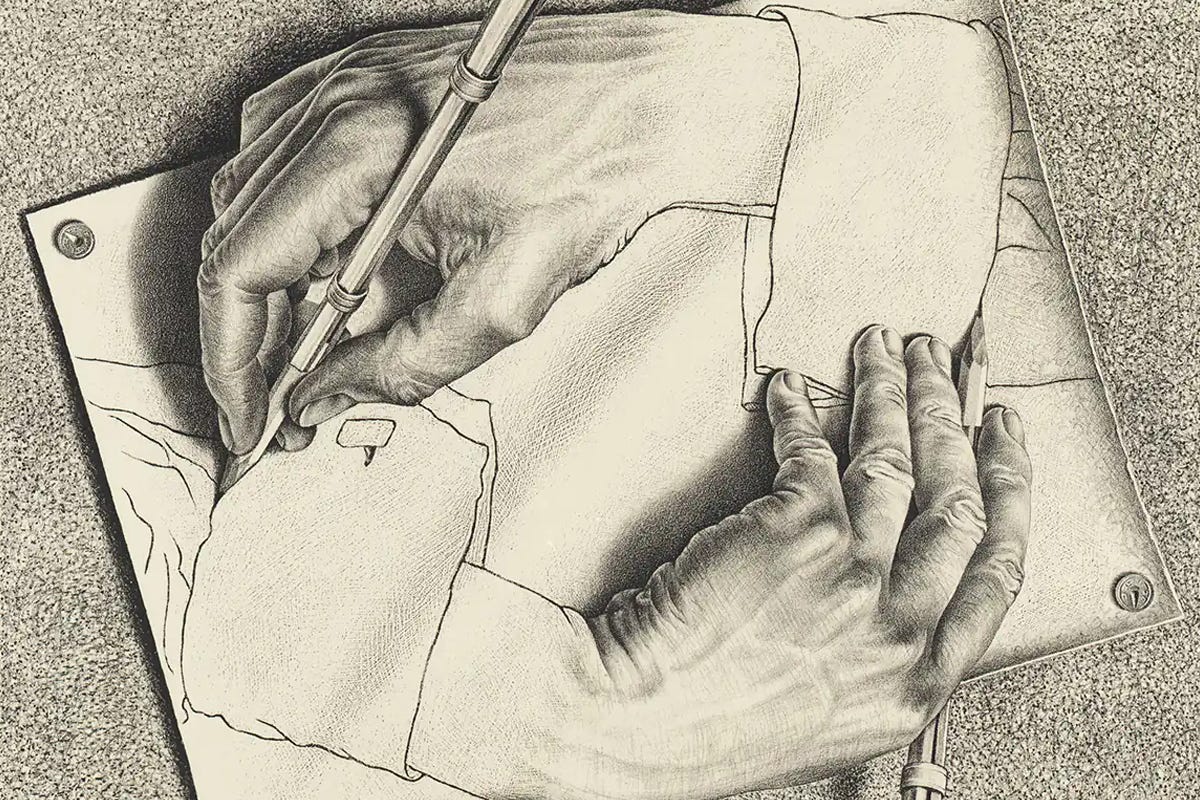Black-and-white lithograph showing two realistic hands emerging from a sheet of paper, each drawing the other's sleeve.