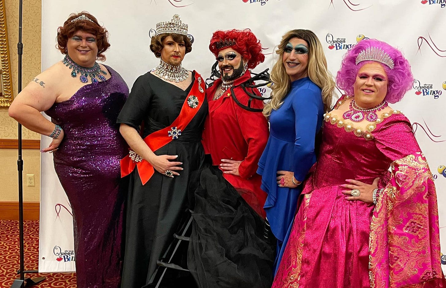 In royal dresses and tiaras, the Stilettos drag troupe poses for a photo. In royal dresses and tiaras, the Stilettos drag troupe poses for a photo.