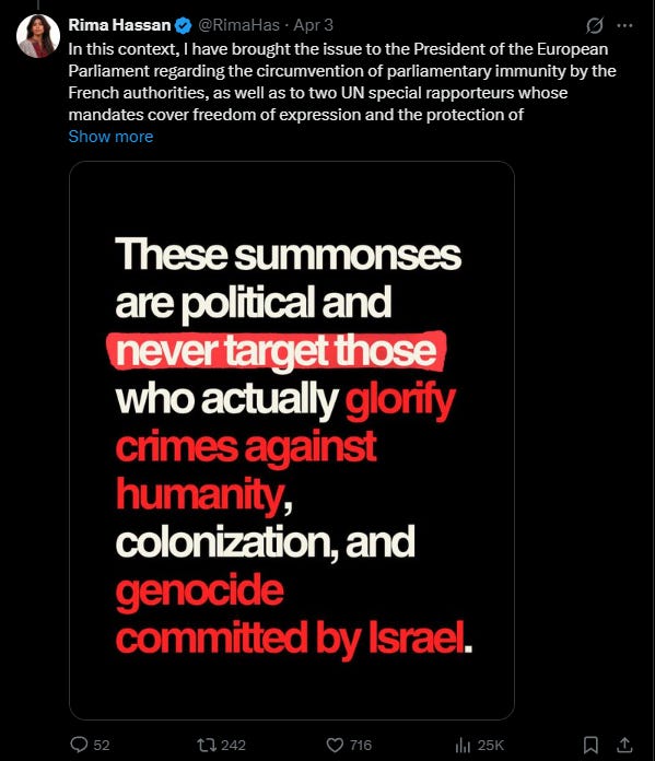 Series of Tweets by Rima Hassan following her arrest