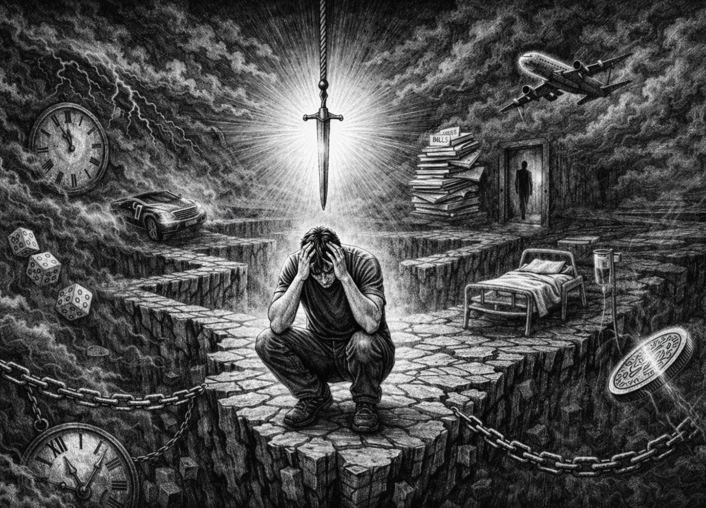 Black-and-white engraving-style illustration of a man crouching with his head in his hands on a cracked stone platform above an abyss, beneath a glowing hanging sword, surrounded by storm clouds, clocks, dice, a car, a plane, stacked bills, a hospital bed, an IV drip, chains, and a shadowed doorway.