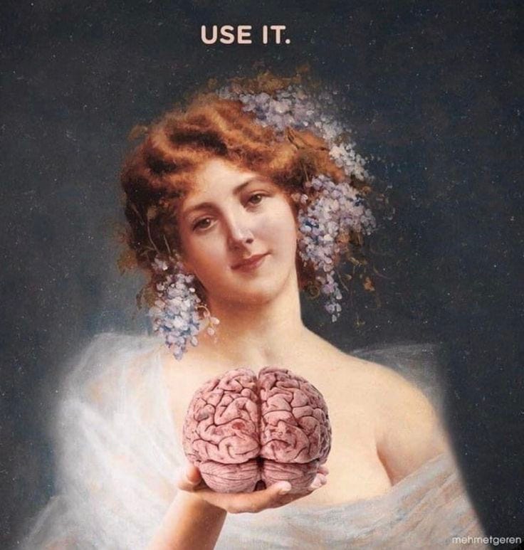 This may contain: a woman holding a brain in her hands with the caption, use it if you don't
