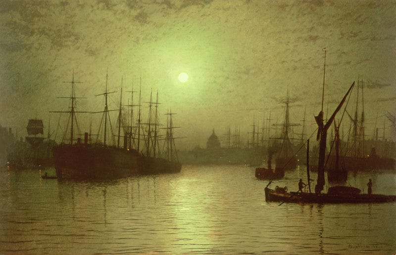 John Atkinson Grimshaw, Nightfall down the Thames, 1880 John Atkinson Grimshaw, Nightfall down the Thames, 1880