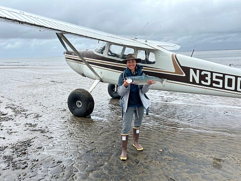 Photos of a woman writing in a waterproof notebook, picking sockeye salmon out of a gill net, and fishing for salmon in Alaska