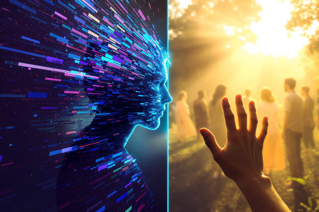 Visual metaphor of person emerging from digital glitch effects representing psychosis into clear connection with supportive human figures