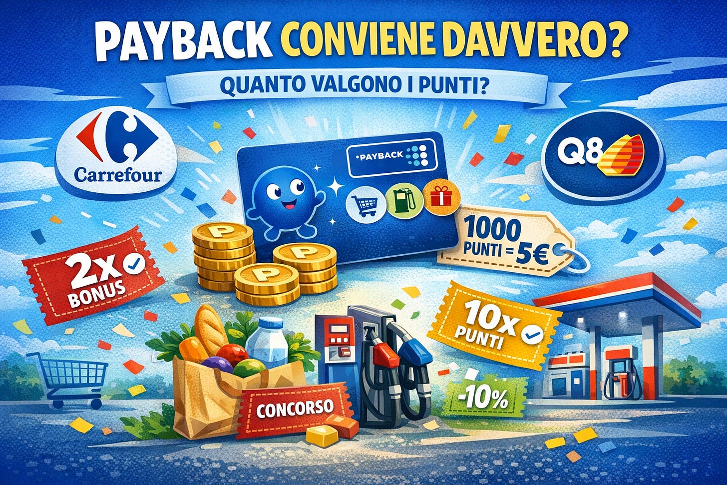 Illustrazione landscape del programma PAYBACK con carta fedeltà, punti convertiti in 5€ di sconto e loghi di Carrefour e Q8, che rappresentano l’accumulo punti e i moltiplicatori mensili.