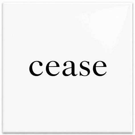 Six glossy white square cards arranged in two rows of three. Each card has one centered lowercase word in black serif type. From left to right, the top row reads: cease, release, peace. The bottom row reads: ease, receive, increase.