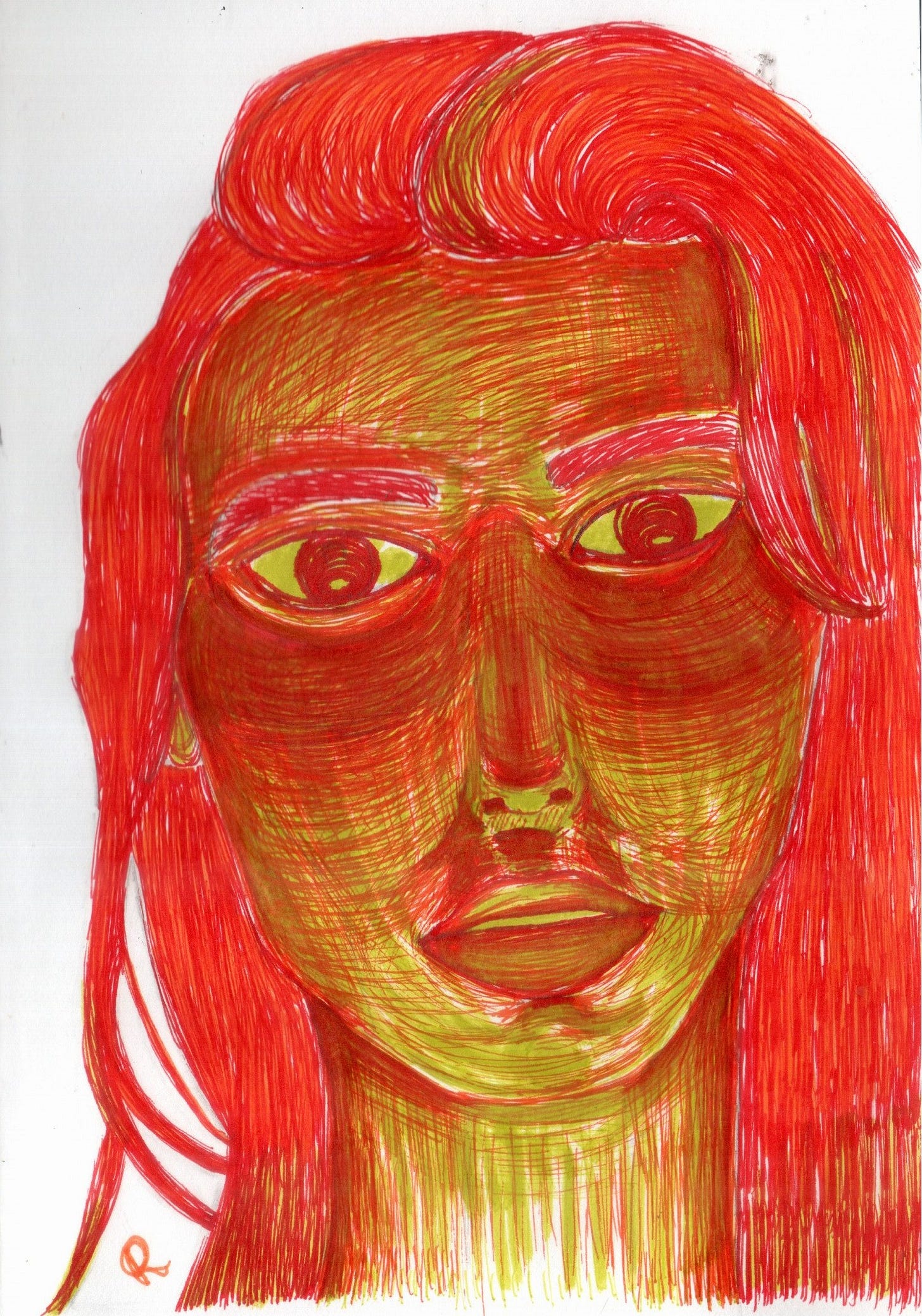 Desenho a caneta, vermelho e amarelo. Representa um rosto feminino com expressão séria, olhos grandes, nariz pequeno, boca entreaberta com lábios carnudos. Há uma forte luz amarela de baixo para cima, contrastando com sobras marcadas em vermelho.