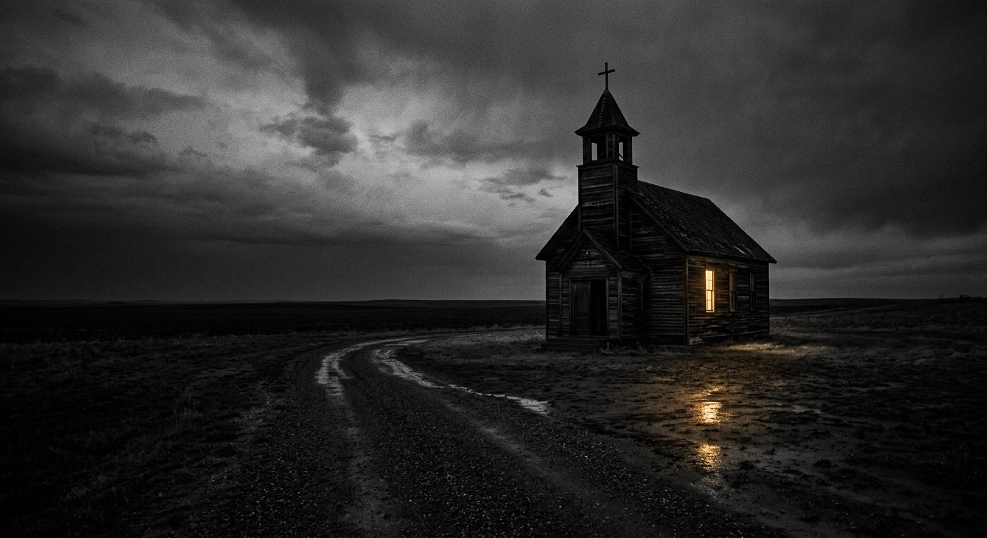 A gritty, high-contrast noir-style photograph of a solitary, weathered wooden rural church at twilight. Warm golden light glows from its simple windows, casting a reflection across the sparse, dark landscape, capturing a sense of enduring presence and resilience.