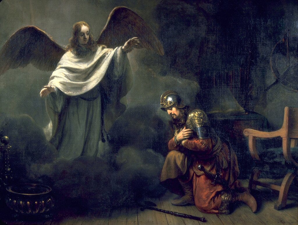 Painting by Gerbrand van den Eeckhout depicting an angel appearing to the Roman centurion Cornelius, bathed in dramatic light, as he is instructed to send for Peter. The scene captures a pivotal moment of divine interruption and expanding grace in the early Church.