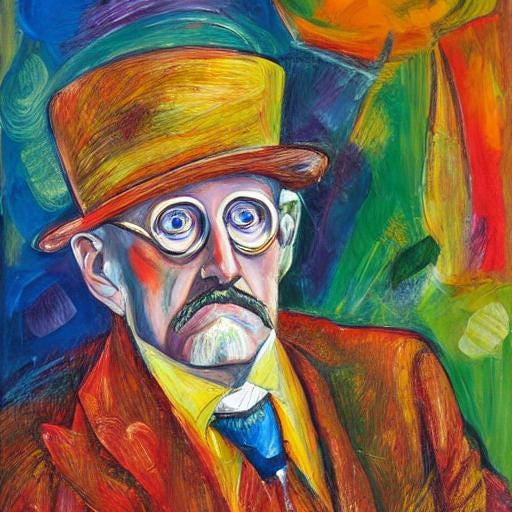 Colorful painterly portrait of James Joyce after de Kooning.