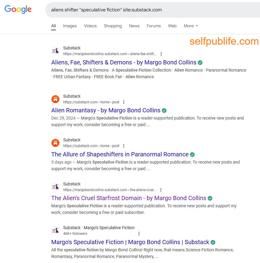 Screenshot of Google search results page after using Google Advanced Search to find Substack posts on speculative fiction. Screenshot of Google search results page after using Google Advanced Search to find Substack posts on speculative fiction.