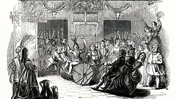 An old etching of a yule log being dragged into the house in the middle ages An old etching of a yule log being dragged into the house in the middle ages