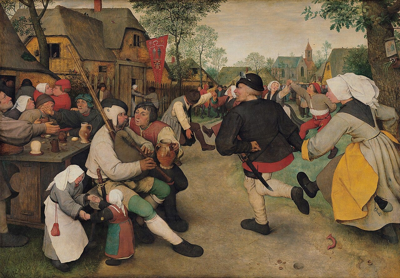 Bruegel's Peasant Dance, villagers stamping their feet to music at an outdoor fair Bruegel's Peasant Dance, villagers stamping their feet to music at an outdoor fair