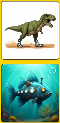 Two characters in Google Whisk - t-rex and a blue fish