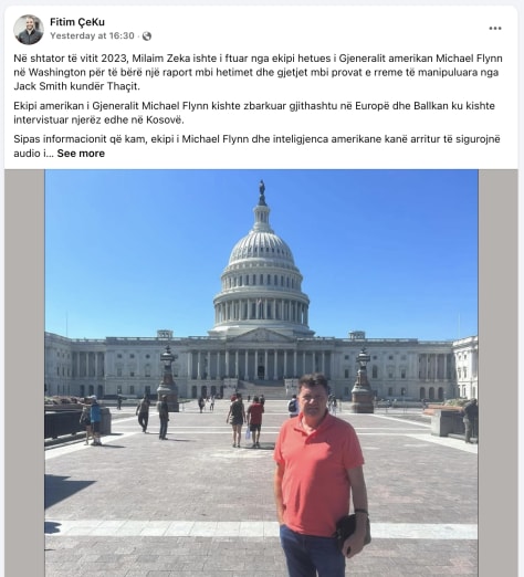 Screenshot 1: Milaim Zeka amplifies Fitim Çeku’s disinformation, republishing his narrative verbatim to reach a wider audience, a clear example of coordinated laundering of falsehoods.   Screenshot 2: Halit Sahitaj (third from left and right) seated at the same table with Milaim Zeka (far right), in a scene contradicting efforts by Çeku to distance both men from ongoing malign operations, a revealing moment of informal association between key players.  Screenshot 3: Further evidence of the amplification loop — Milaim Zeka once again reposting disinformation originally seeded by Fitim Çeku, underscoring the deliberate collaboration between the two figures.