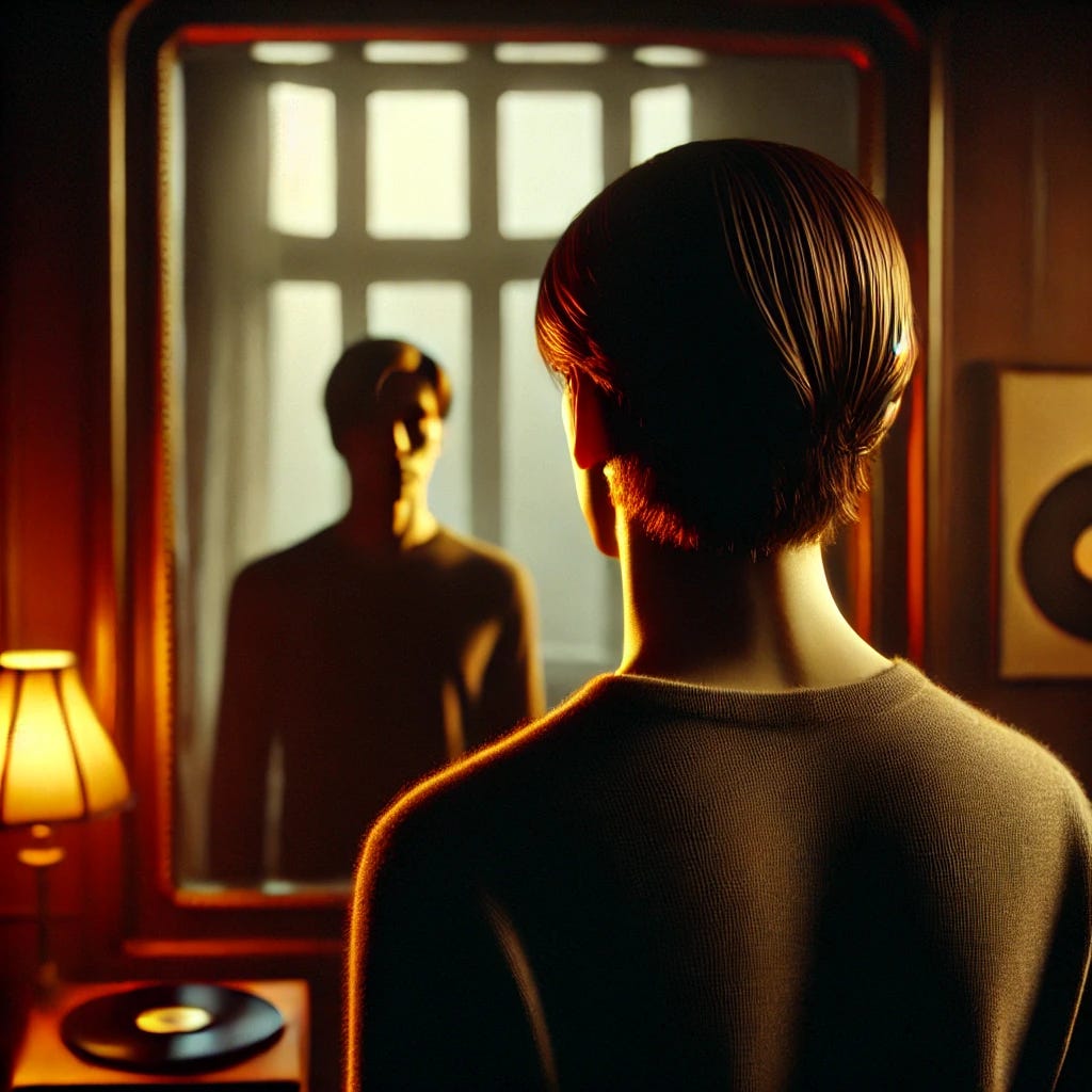 A photorealistic image of a solitary figure standing in front of a mirror in a dimly lit room. The reflection in the mirror is slightly offset and looks back with quiet defiance, suggesting internal conflict and self-recognition. The lighting is warm and melancholic, with tones of dusk or amber lamplight. The room is softly detailed, with a vinyl record on a shelf or musical notes faintly visible in the background, evoking a connection to music and memory. The figure is gender-ambiguous and shown from behind or in soft profile—tense, not villainized, facing their reflection like an old friend who’s also a challenger.