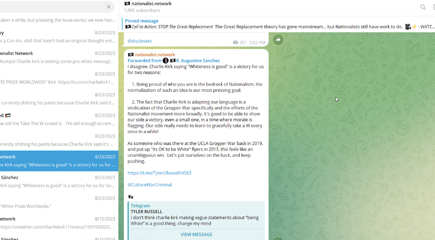 Post from Sanchez touting Kirk using extremist language, calling it “a vindication of the Groyper War…and efforts of the Nationalist movement more broadly.”