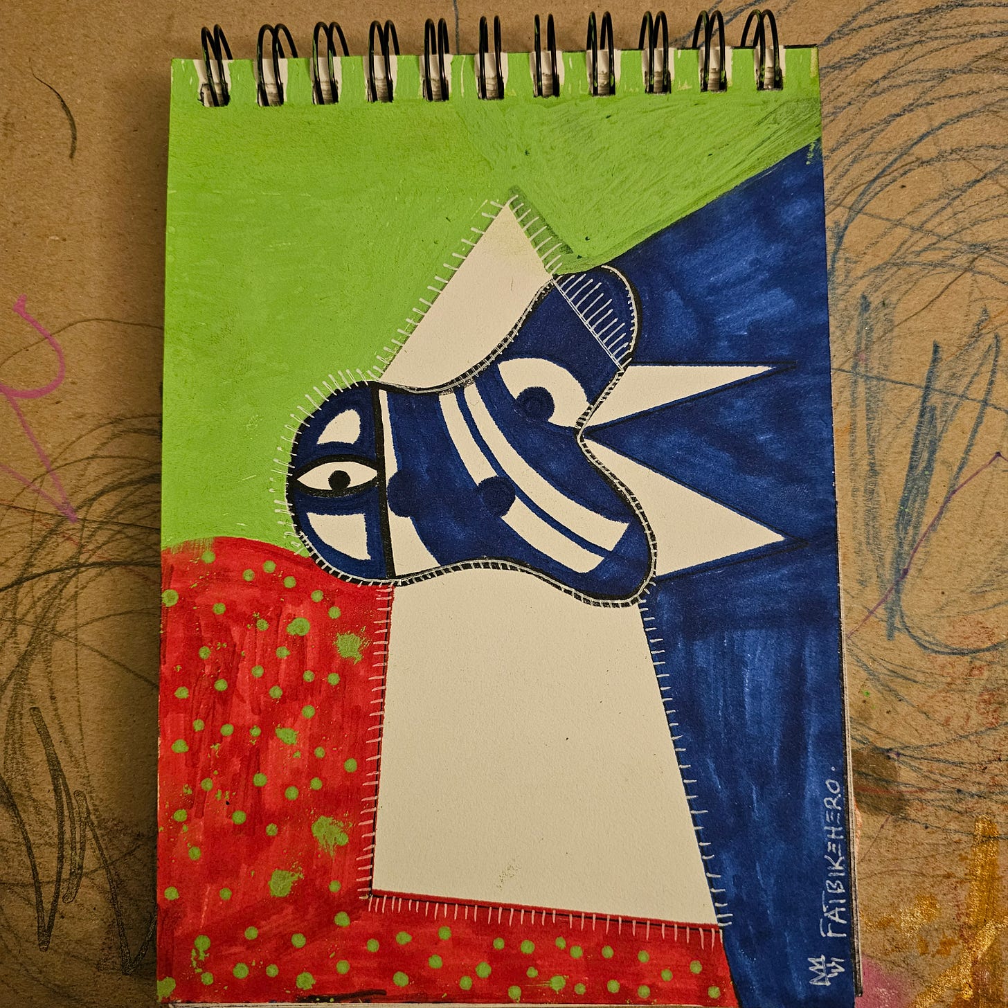 Alt Text: An abstract mixed-media sketchbook drawing by FatbikeHero titled "Bird Charlie Parker." The image features geometric shapes in bright green, dark blue, and white, resembling a stylized bird or saxophone profile. The bottom section is a textured red with green splatters. White dashed "stitch" lines border the blue shapes.