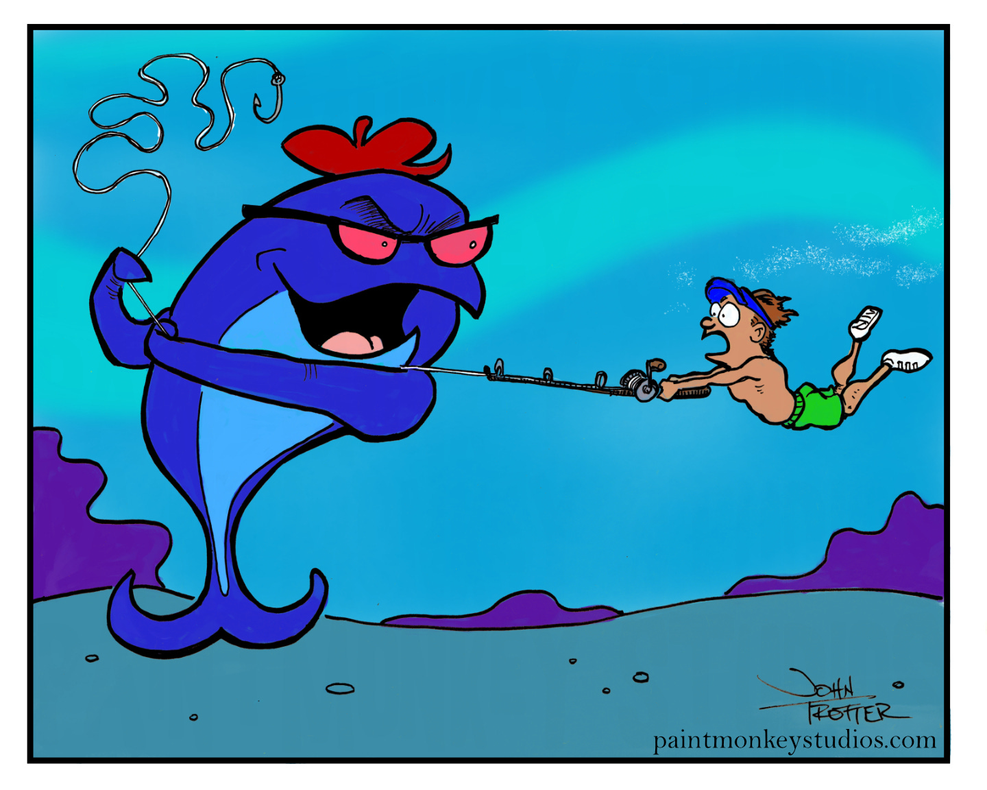 Ink and digital cartoon of Charlie the tuna pulling a man towards him with the man's own fishing rod.