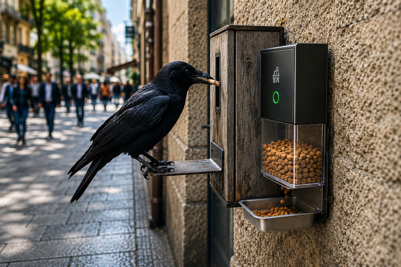 A trained crow places litter into a smart collection unit while an automated dispenser rewards the behaviour with food, showcasing how intelligence, repetition, and positive reinforcement could reshape urban cleaning systems. Generated illustration