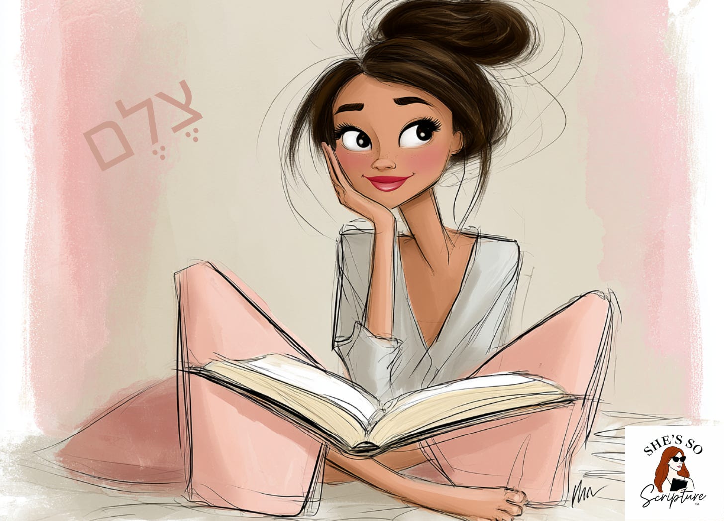 Whimsical fashion illustration of a woman reading an open Bible with a look of delighted surprise, rendered in blush pink and cream watercolors with sketchy ink outlines. Whimsical fashion illustration of a woman reading an open Bible with a look of delighted surprise, rendered in blush pink and cream watercolors with sketchy ink outlines.