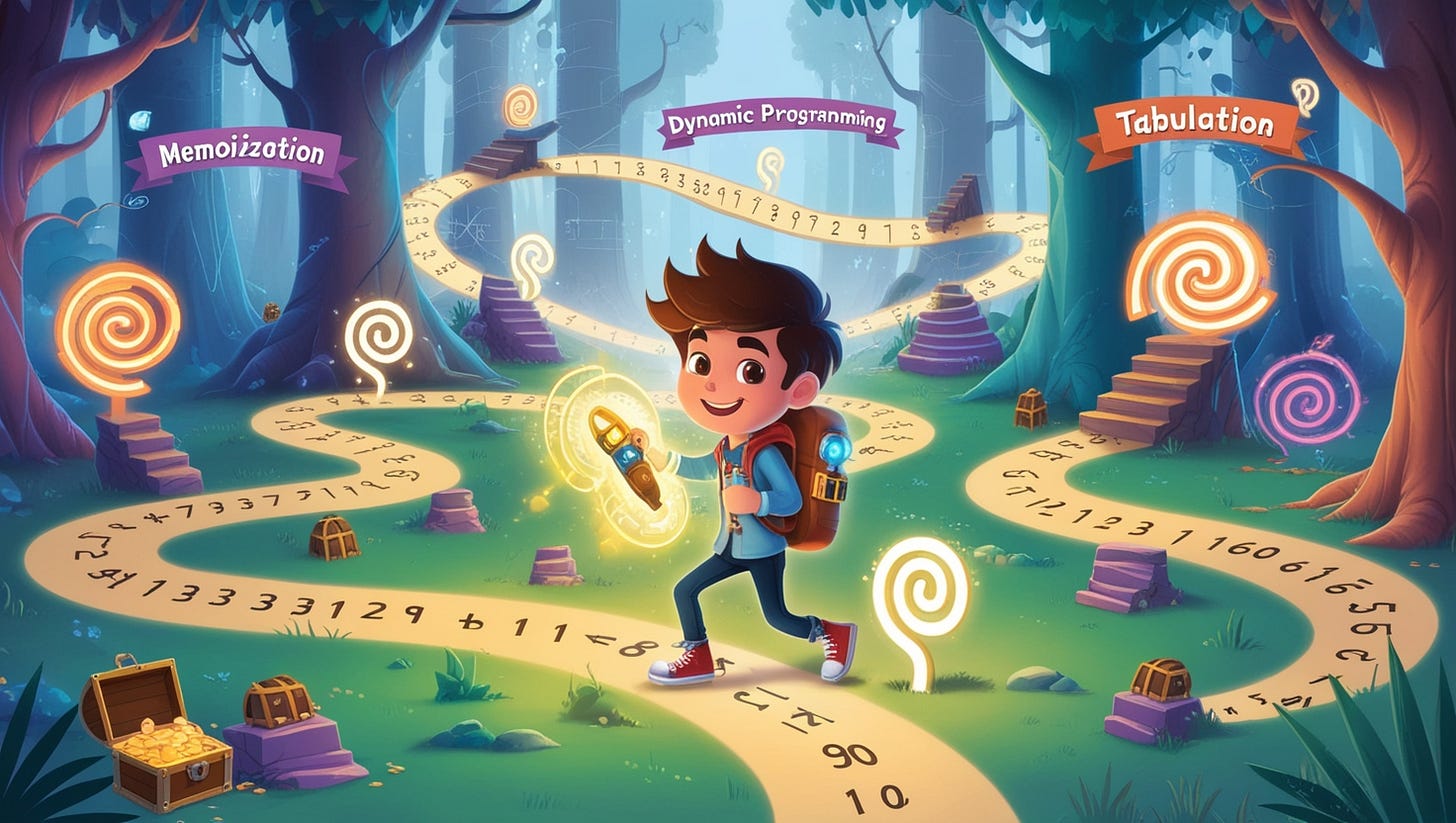 Create a vibrant, illustrated scene featuring a young, adventurous coder exploring a magical forest of numbers and formulas. The scene should have a lighthearted, fantasy atmosphere, with mystical paths representing 'memoization' and 'tabulation' winding through the forest. The coder is equipped with a glowing toolkit symbolizing 'Dynamic Programming' and surrounded by whimsical, cartoon-style symbols like Fibonacci spirals, staircases, and small treasure chests representing solutions saved for later. The image should feel playful and inviting, with soft colors and a friendly, magical style suitable for beginners learning programming.