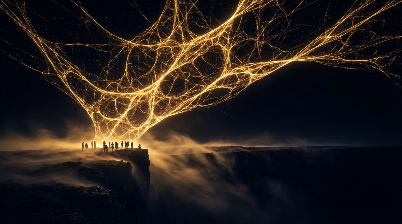 Silhouetted figures connected by a web of light