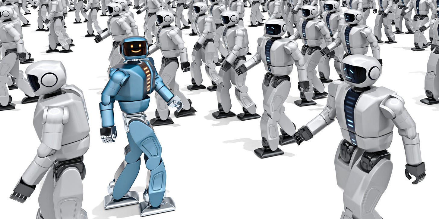 A Blue Robot walks in a different direction of a Crowd of White Robots