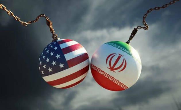 Wrecking Balls Textured with American and Iranian Flags Over Dark Stormy Sky Wrecking Balls Textured with American and Iranian Flags Over Dark Stormy Sky
