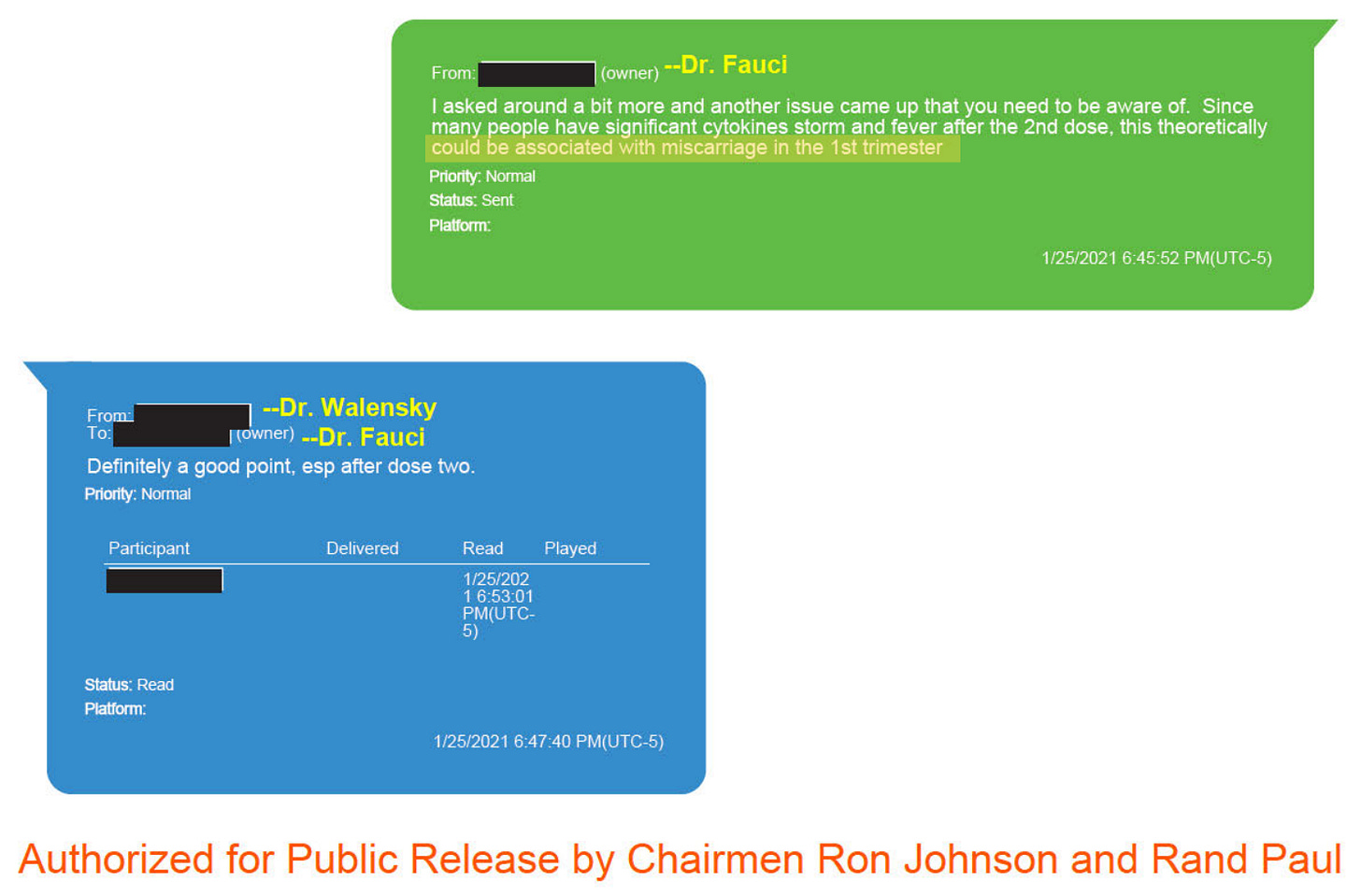 Fauci's text to Walensky and Murthy, Jan. 25, 2021, and Walensky's reply. Released by Sens. Ron Johnson and Rand Paul.