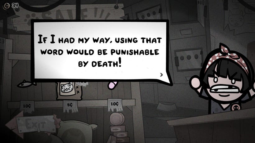 A saleswoman says, "If I had my way, using that word would be punishable by death!" A saleswoman says, "If I had my way, using that word would be punishable by death!"