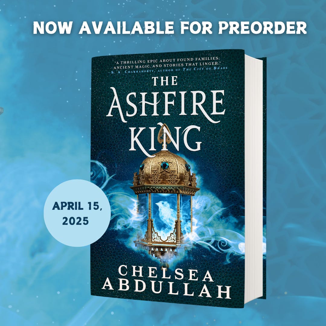 A graphic with THE ASHFIRE KING cover on it. Includes a burst that says "April 15, 2025" and text that reads: NOW AVAILABLE FOR PREORDER