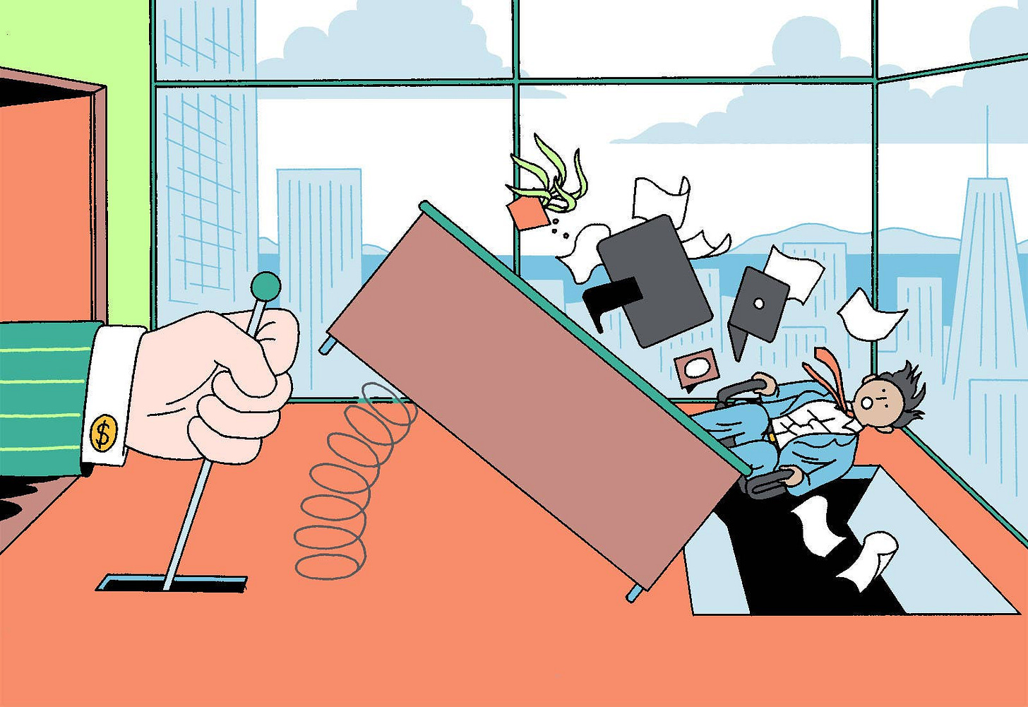 a person getting flung from behind an office desk into a hatch in the floor by a lever mechanism activated by the CEO