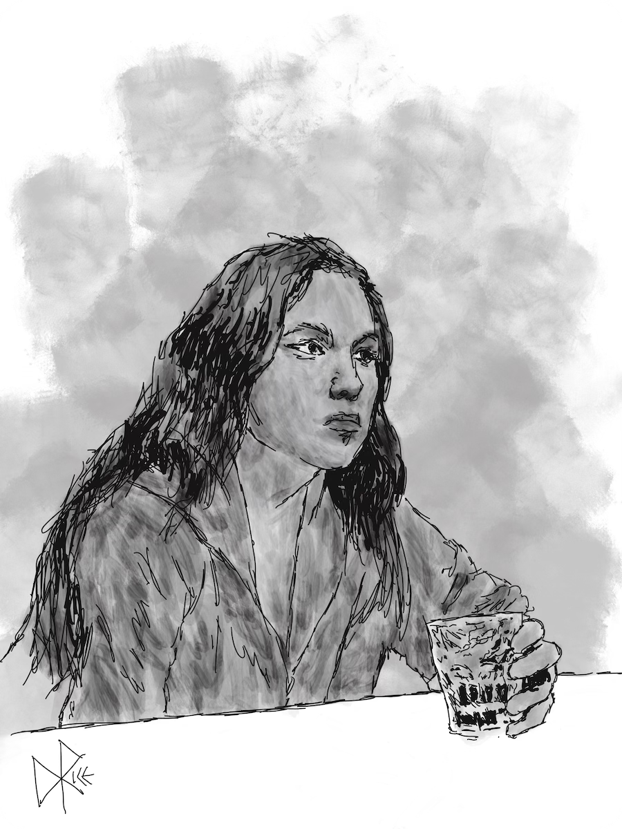 A woman seated alone at a bar stool, sipping scotch. Slow down and enjoy the present moment; allow for mental adjustments. It’s a chance to savour life’s simple pleasures. Sketch art by Don Rice.
