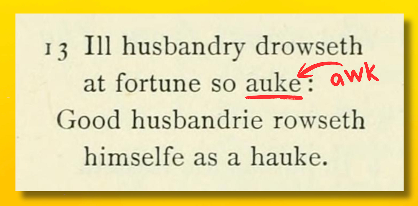 A poem that reads: Ill husbandry drowseth at fortune so awk: Good husbandry rouseth himself as a hawk A poem that reads: Ill husbandry drowseth at fortune so awk: Good husbandry rouseth himself as a hawk